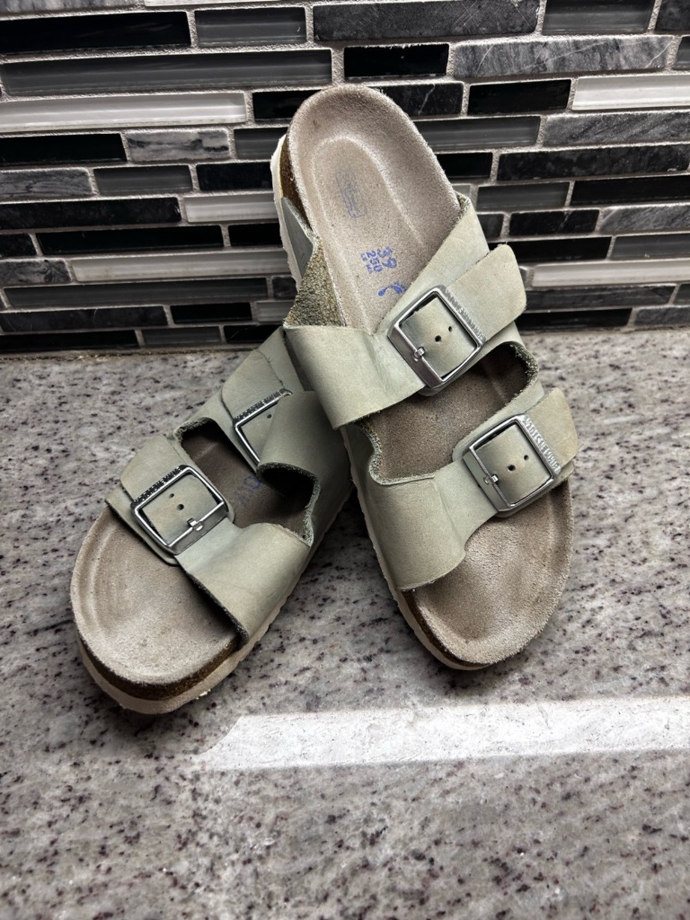 Womens Birkenstock Double Buckle Slides in Sage Green/Gray size 8/mens 6 narrow